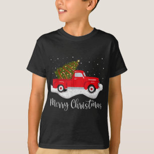 Camiseta Retro Wagon Merry Christmas Tree on Car Xmas red T