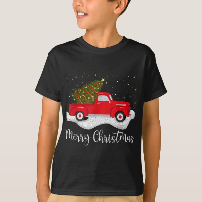 Camiseta Retro Wagon Merry Christmas Tree on Car Xmas red T (Frente)