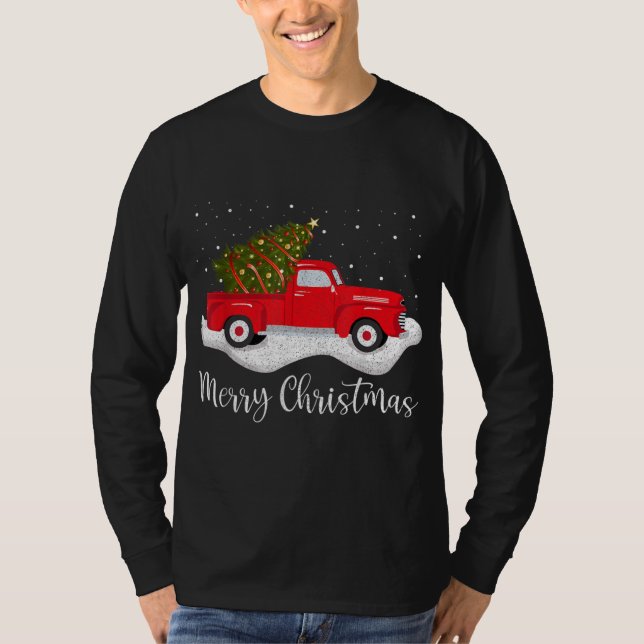 Camiseta Retro Wagon Merry Christmas Tree on Car Xmas red T (Frente)