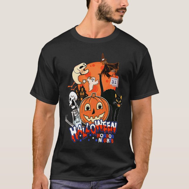 Camiseta Retro Witch Ghost Pumpkin Black Cat Skeleton Hall (Frente)