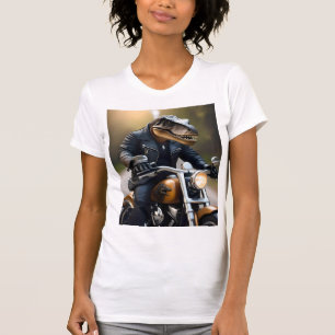 Camiseta "Rex Acelerado: T-Rex de Couro em uma Moto