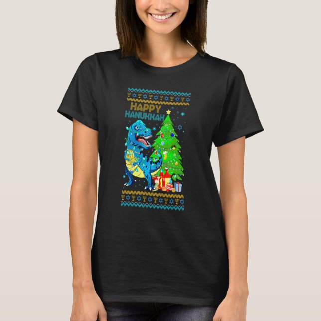 Camiseta Rex Dinosaur Christmas Tree Happy Hanukkah Chanukk (Frente)