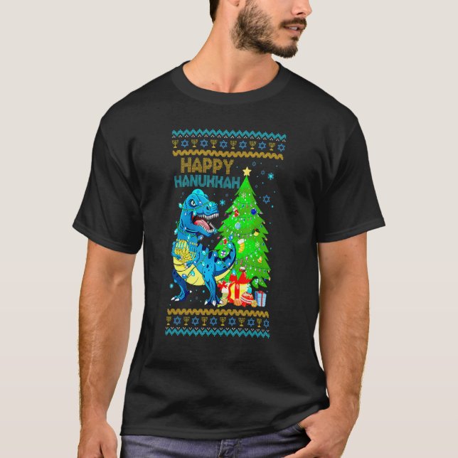 Camiseta Rex Dinosaur Christmas Tree Happy Hanukkah Chanukk (Frente)