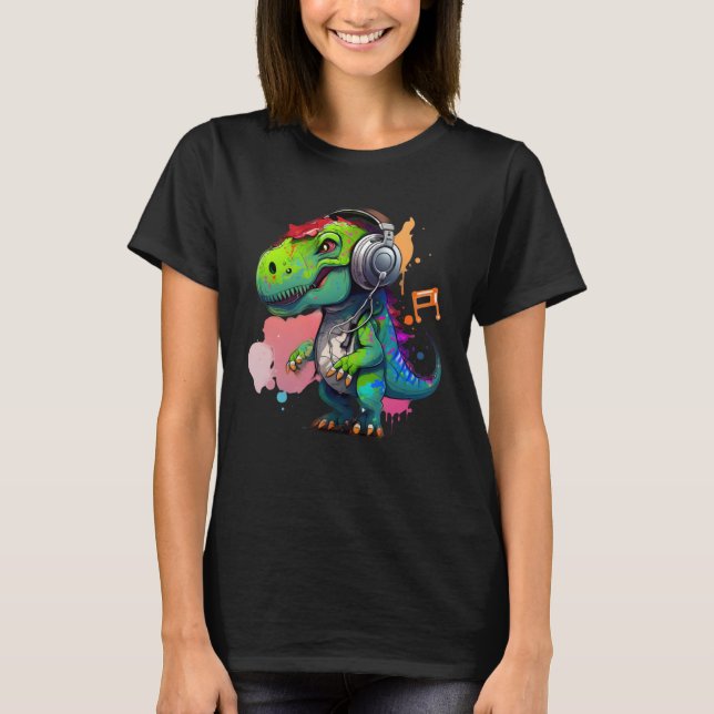 Camiseta rex with headphones music cute dinosaur for kids (Frente)