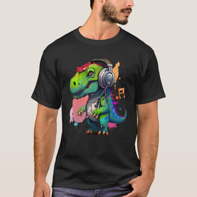Camiseta rex with headphones music cute dinosaur for kids (Frente)