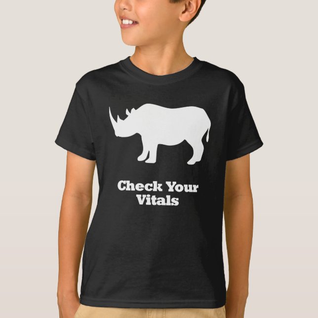 Camiseta Rhino verifique os seus frascos brancos (Frente)