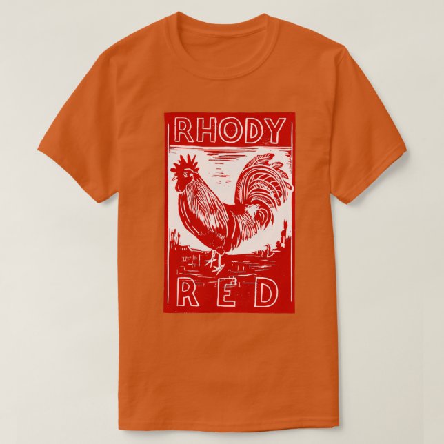 Camiseta Rhody Red Rooster original do linocut desi gravado (Frente do Design)