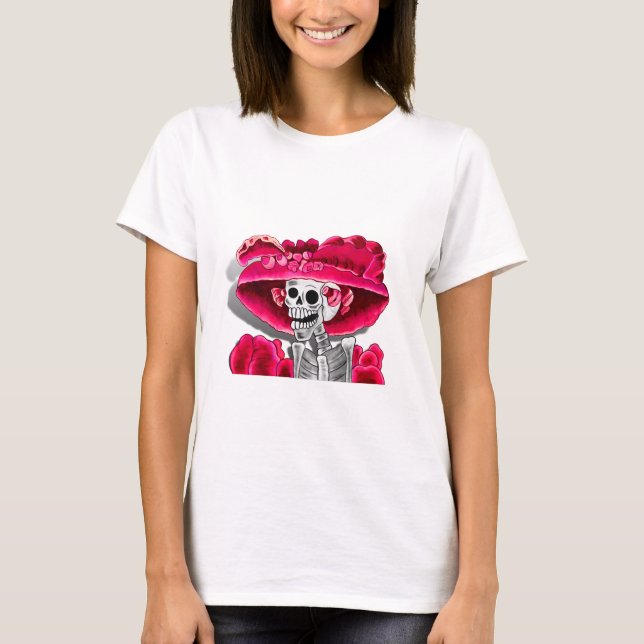 Camiseta Rindo de Mulher Esqueletrista em Cabana Vermelha (Frente)