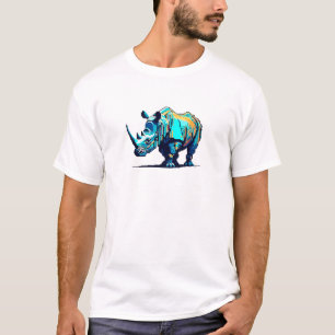 Camiseta Rinoceronte de Arte Pixel 8-Bit Retrô Ciano Laranj
