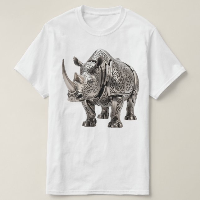 Camiseta Rinoceronte Prateado Celta Poderoso com Nó Intrinc (Frente do Design)