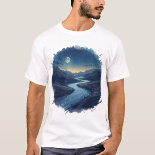 Camiseta Rio enluarado de estrelas fluindo por um vale cósm