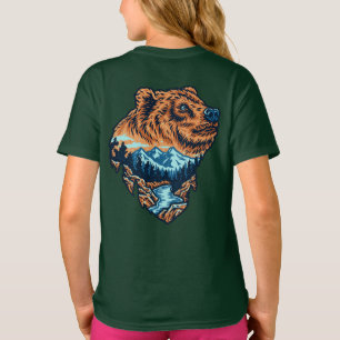 Camiseta Rio Floresta de Montanha Silhouette Cabeça de Urso