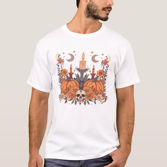 Camiseta Rituais de Outono � Abóboras, Velas e Lua Crescent (Frente)