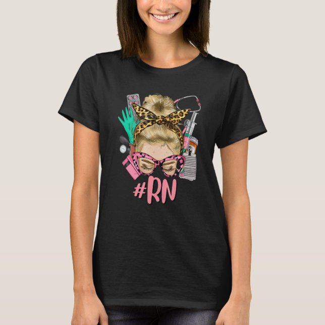 Camiseta RN Blonde Messy Bun Straight Hair Glasses Leopard  (Frente)