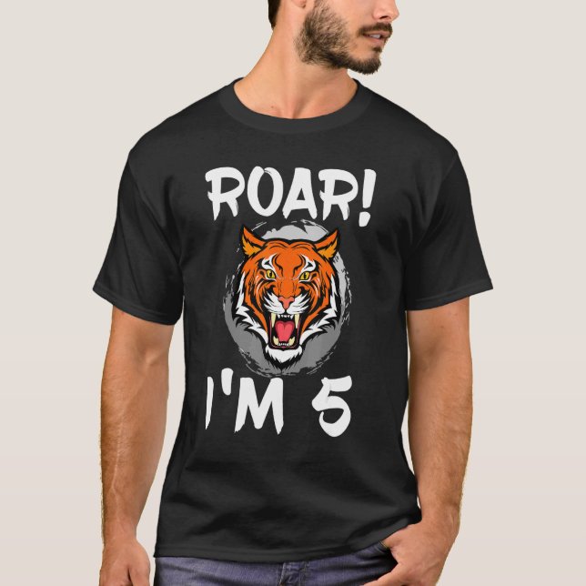 Camiseta Roar, sou 5 Tiger Animal Themed Festa de aniversár (Frente)