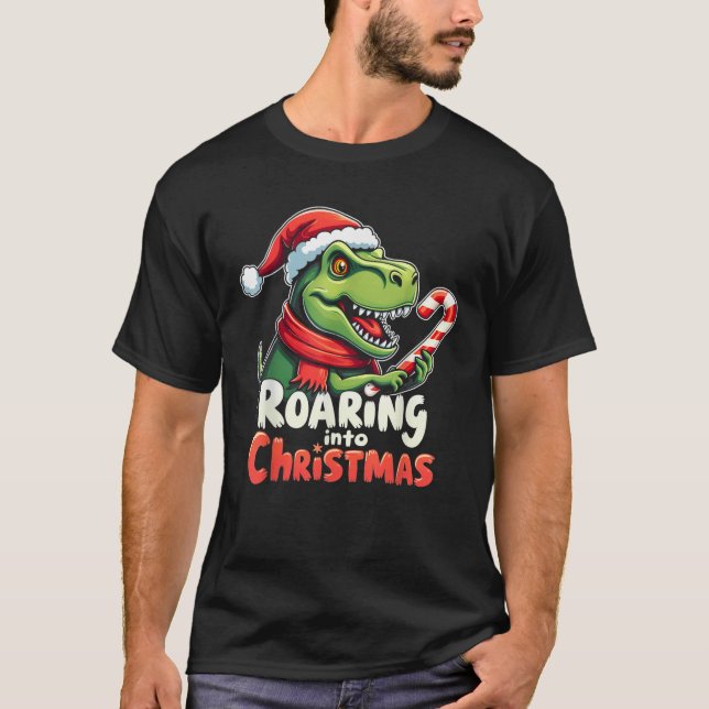 Camiseta Roaring into Christmas T Rex Santa Hat Candy Cane  (Frente)