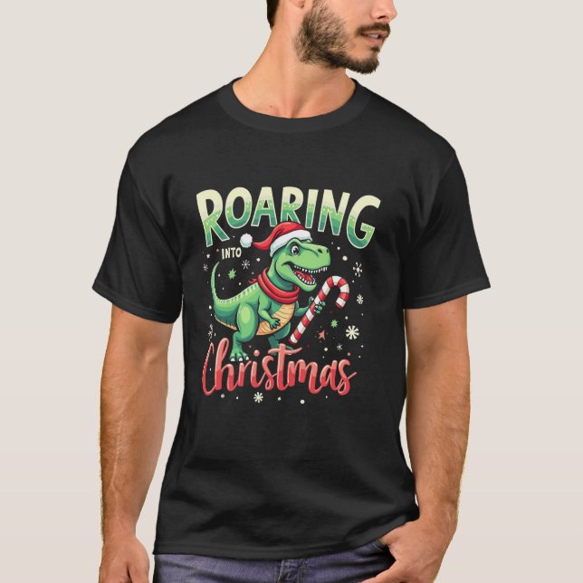 Camiseta Roaring into Christmas T Rex Santa Hat Candy Cane  (Frente)