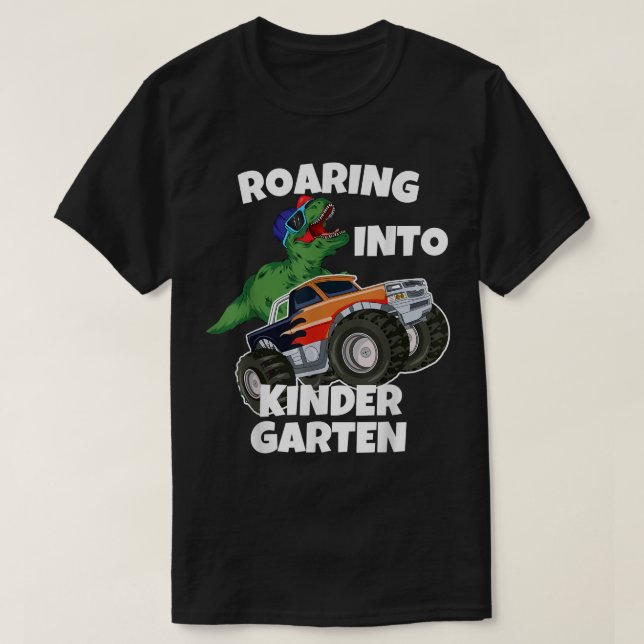 Camiseta Roaring into Kindergarten Monster Truck Dinosaur T (Frente do Design)
