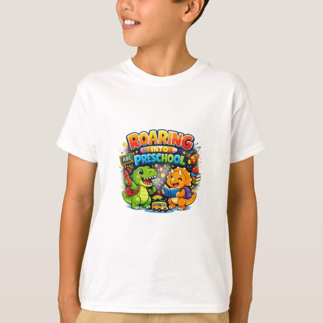 Camiseta Roaring Into Preschool Cute Dinosaur Kids Back To  (Frente)