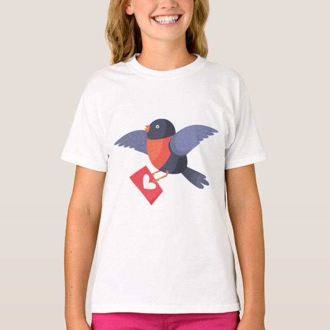 Camiseta Robin Bird Flying with Red Heart Love Letter (Frente)