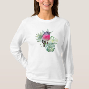 Camiseta Robin rosa com aquarela com folhas tropicais
