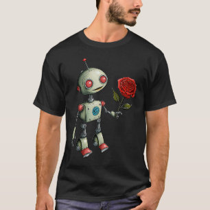 Camiseta Robô Adorável Entregando um Rosa