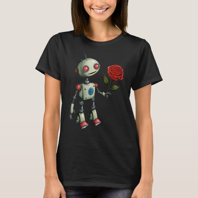 Camiseta Robô Adorável Entregando um Rosa (Frente)