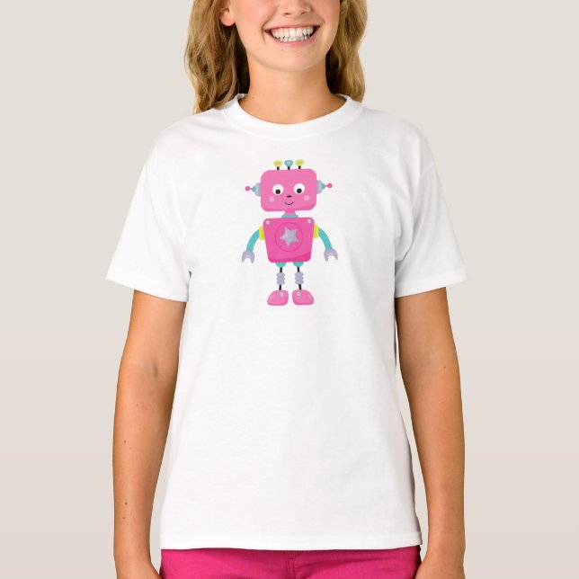 Camiseta Robô Bonito, Robô Engraçado, Robô Bobo, Robô Rosa (Frente)