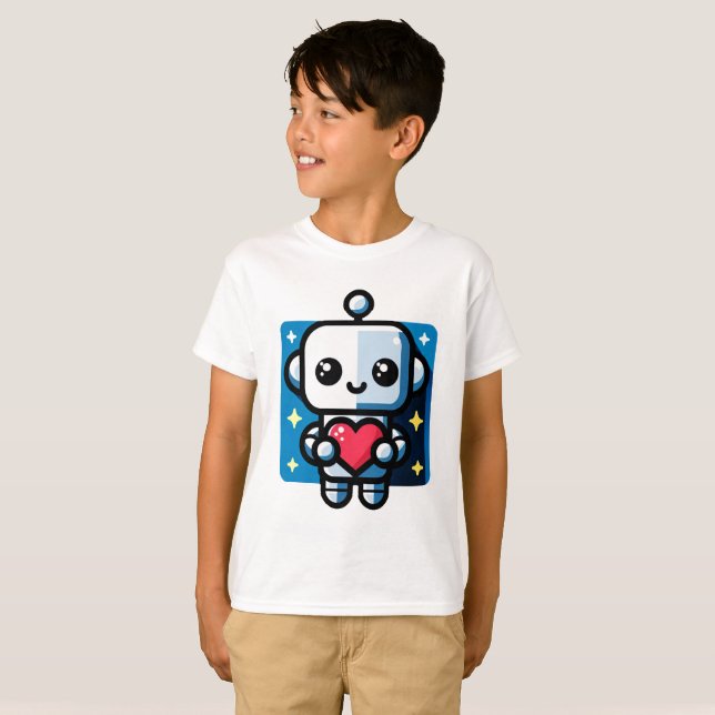 Camiseta Robô Cute Segurando Coração - Adorável Amor e Tecn (Frente Completa)