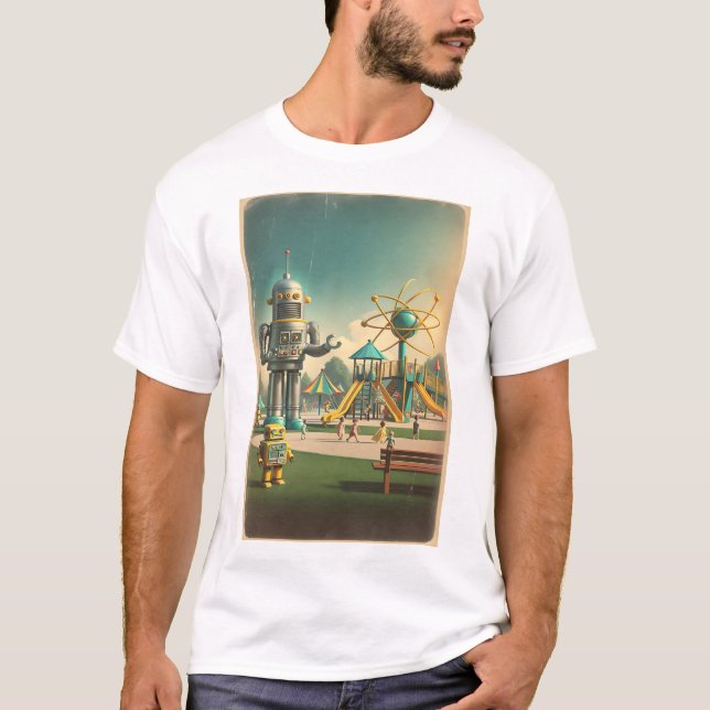 Camiseta Robô de Crianças Futurísticas Retro Atômico (Frente)