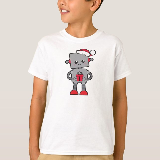 Camiseta Robô de Natal, Robô Bonito, Chapéu Santa, presente (Frente)