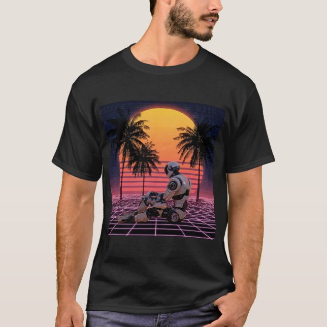 Camiseta Robô em Repouso no Paraíso Neon (Frente)