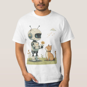 Camiseta Robô Fofo Dá Flor ao Gato Arte Infantil Saudável