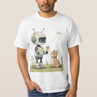 Camiseta Robô Fofo Dá Flor ao Gato Arte Infantil Saudável