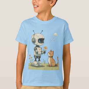 Camiseta Robô Fofo Dá Flor ao Gato Arte Infantil Saudável