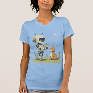 Camiseta Robô Fofo Dá Flor ao Gato Arte Infantil Saudável