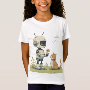 Camiseta Robô Fofo Dá Flor ao Gato Arte Infantil Saudável