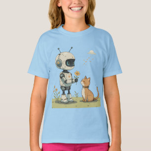 Camiseta Robô Fofo Dá Flor ao Gato Arte Infantil Saudável