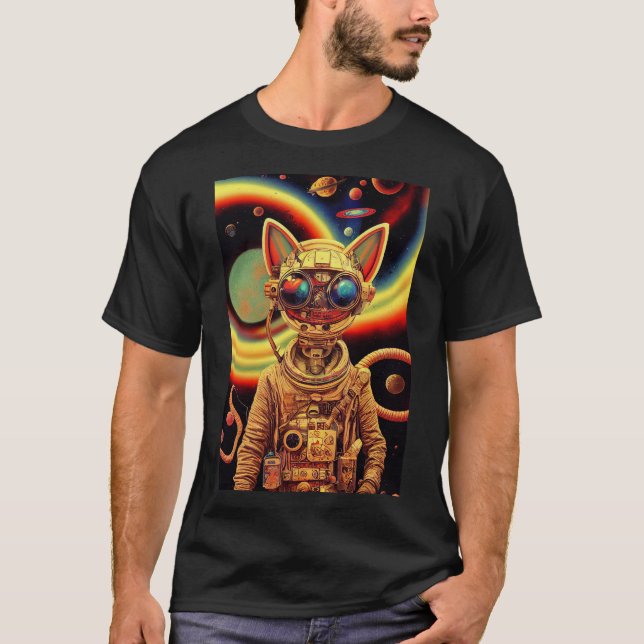 Camiseta Robô-gato futurista Steampunk retro (Frente)