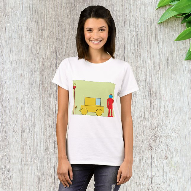 Camiseta Robô Geométrico Retro e Carro Amarelo (Criador carregado)