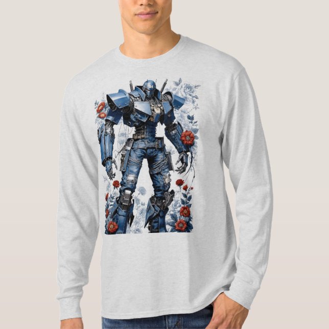 Camiseta Robô Mech de Denim Azul com Rosas vermelhas (Frente)