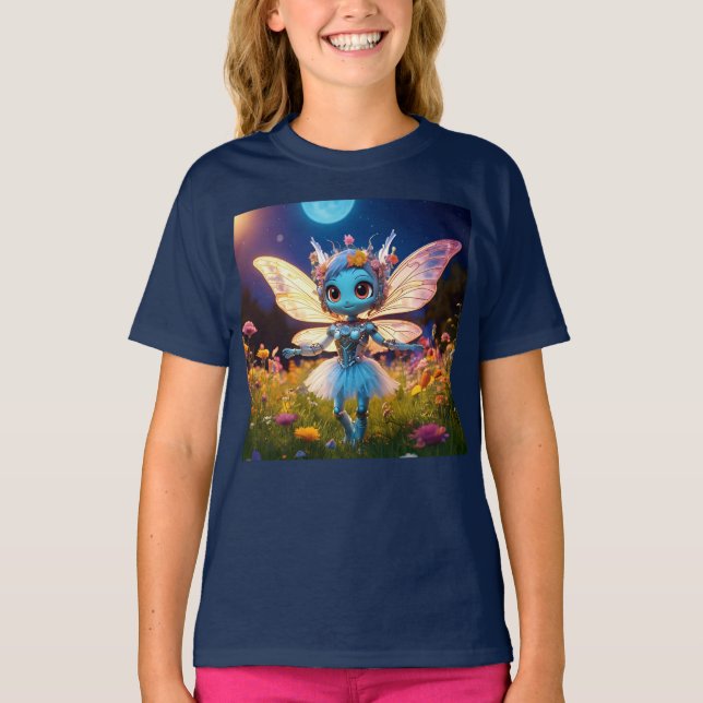 Camiseta Robô Pixie Bailarina Dançando nos Flores Silvestre (Frente)