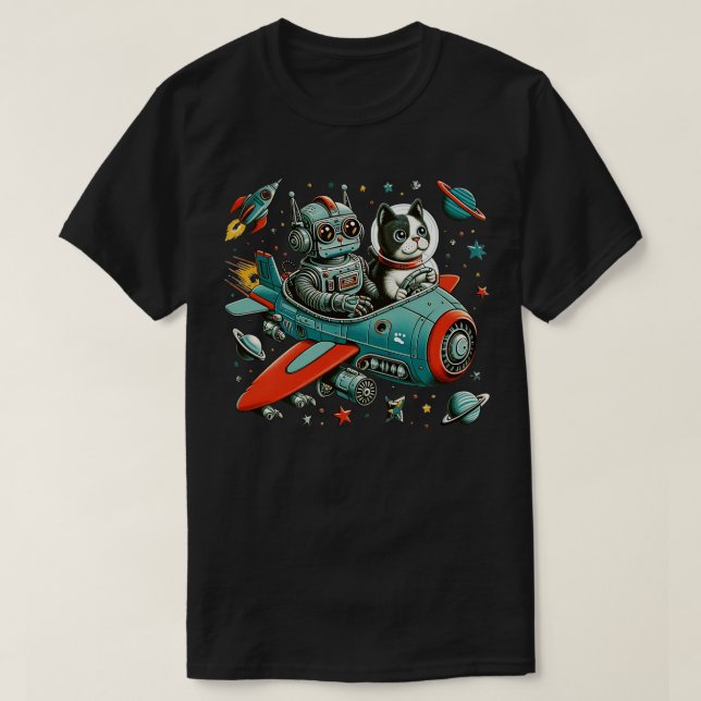 Camiseta Robô Retro e Gato no Espaço (Frente do Design)