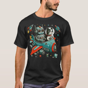 Camiseta Robô Retro e Gato no Espaço