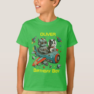 Camiseta Robô Retro Personalizável e Gato no Espaço