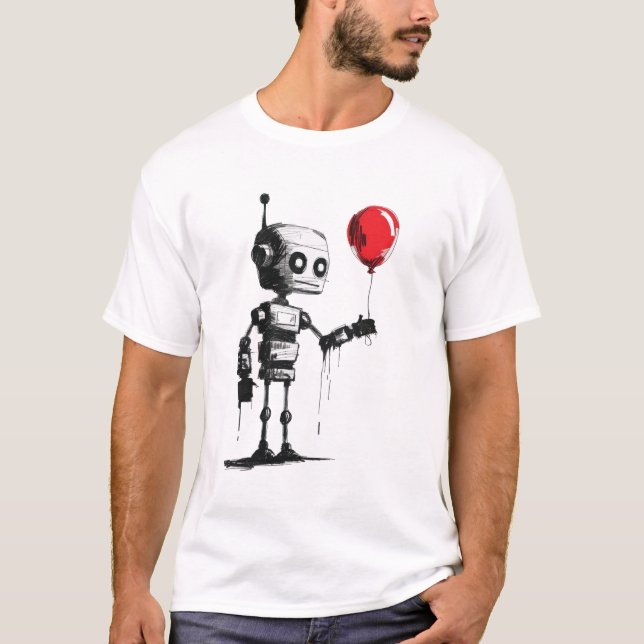 Camiseta Robô segurando um balão - Arte minimalista (Frente)
