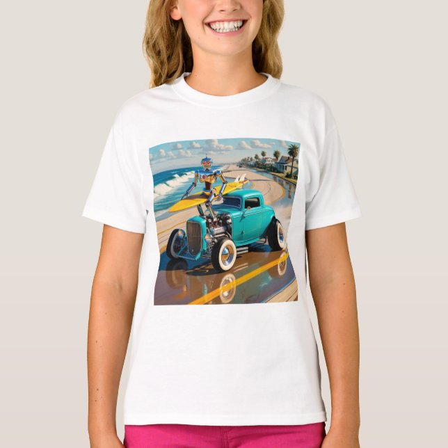 Camiseta robô vintage com surfboard , na praia (Frente)