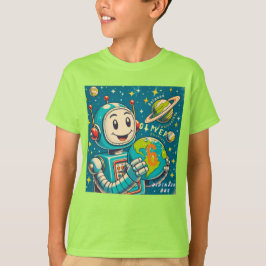 Camiseta Robô Vintage no Espaço Ciência Curiosidade Descobe