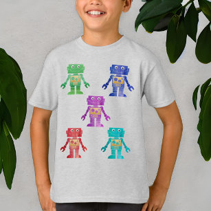 Camiseta Robôs Multicolores com Nome da Criança na Parte Tr