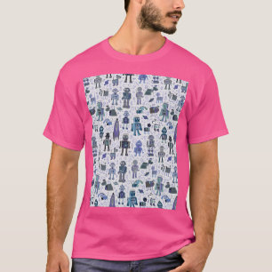 Camiseta Robôs No Espaço - Azul E Cinzas - Padrão Divertido